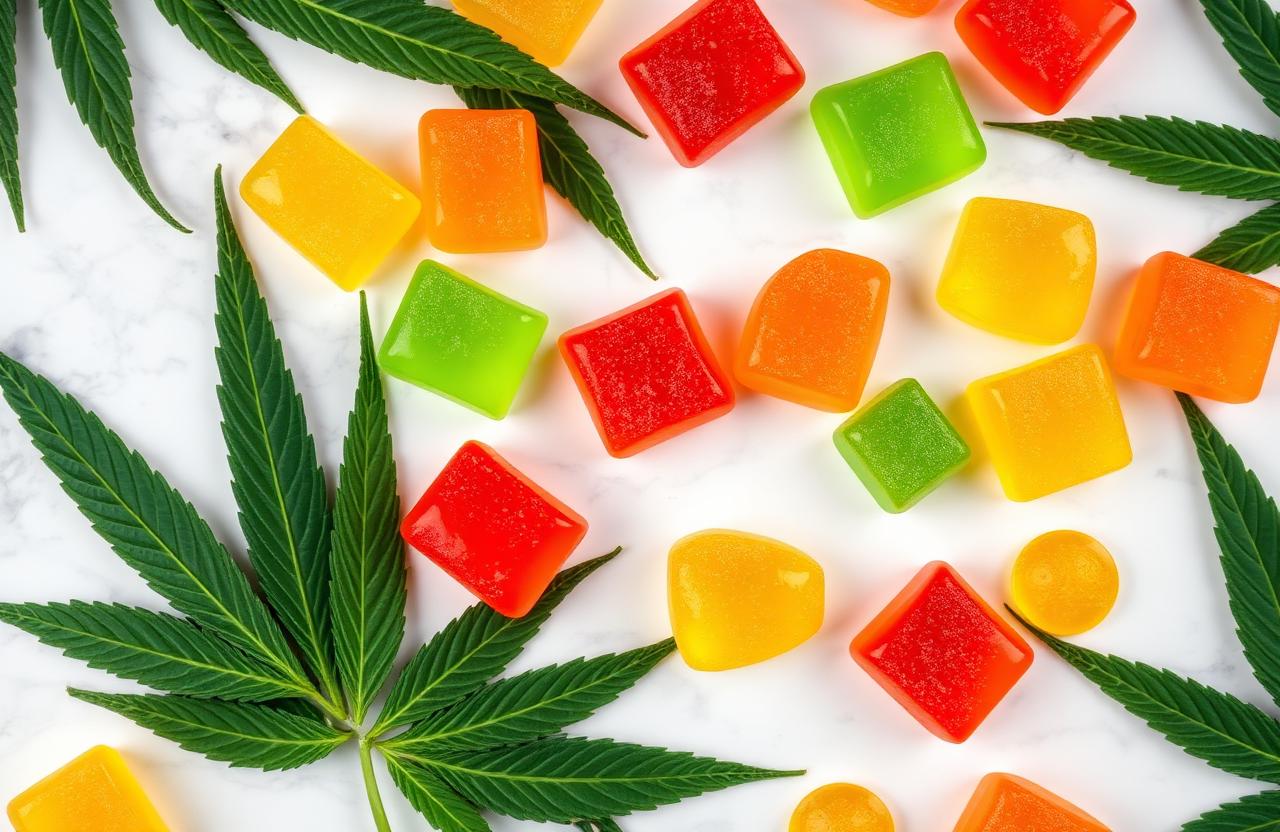 Assorted colorful Farm Health Organics CBD gummies with hemp leaves